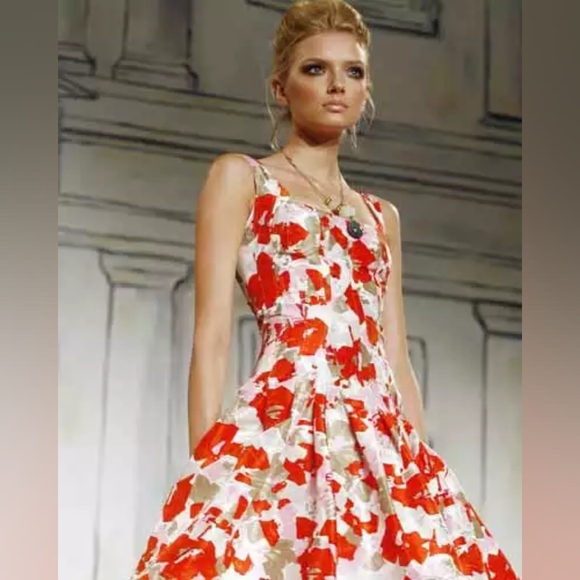 *$5,000 OSCAR DE LA RENTA STUNNING WHT RED PINK FLORAL SILK RUNWAY DRESS US 10 - Picture 3 of 13